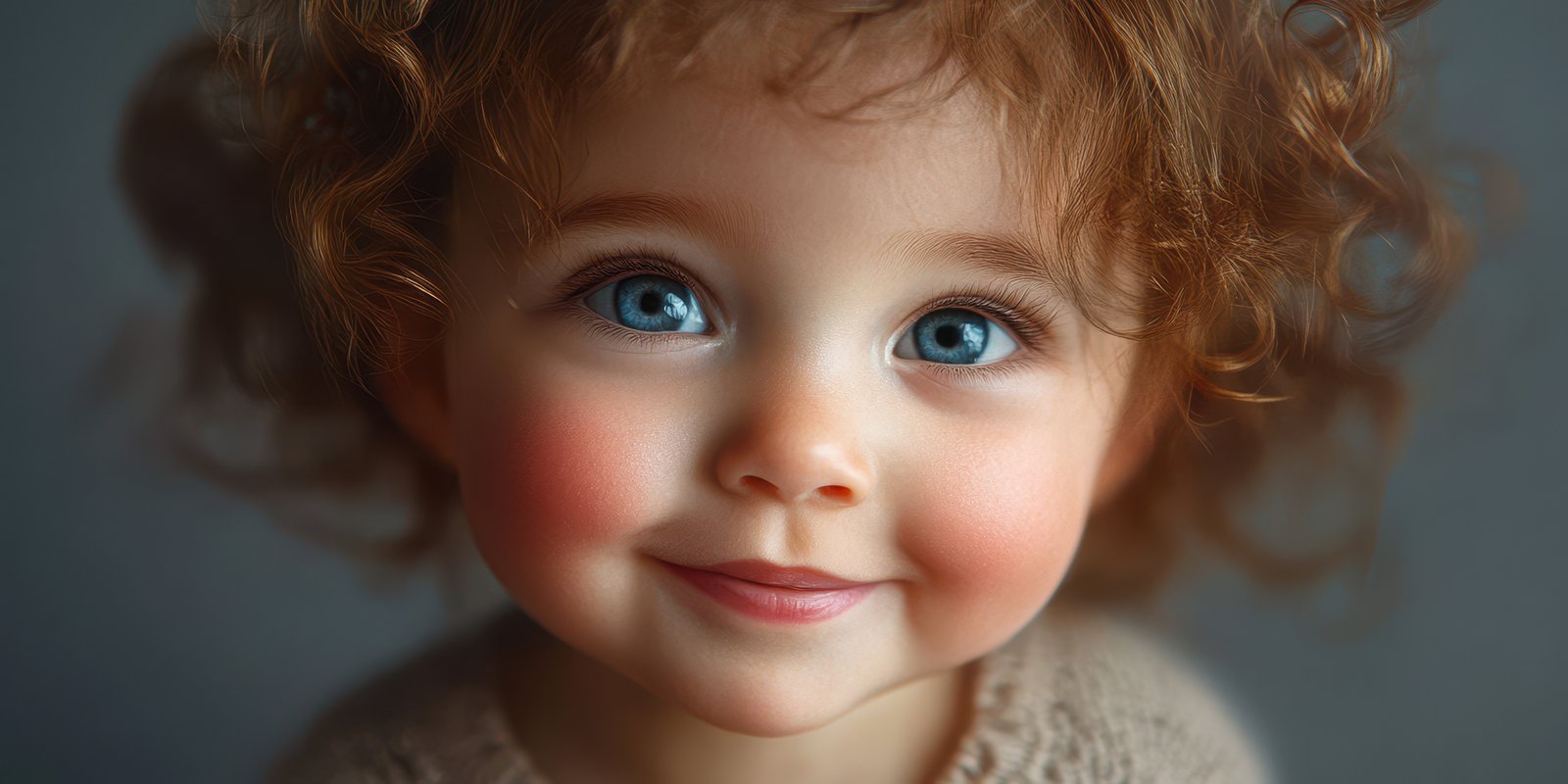 Portrait of a young child with curly hair and bright blue eyes, showcasing a joyful smile in soft lighting